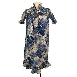 HoAloha Vintage 50s 60s Hawaiian Blue Cotton Tiki Dress, MuuMuu, Small, 34 Bust